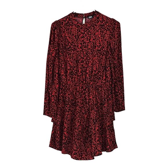 Zara Mock Neck Ruffle Tiered Animal Print Mini Dress Sz L EUC - Picture 2 of 10